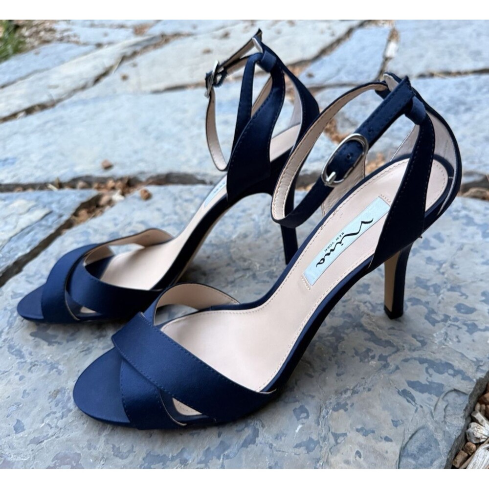 Nina Venus Navy Blue Satin Stiletto Heels Shoes Women Size US 8.5 Ankle Strap